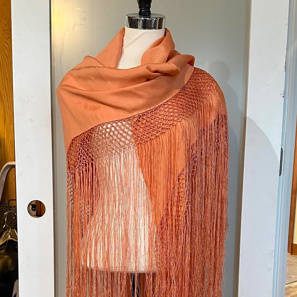 Vintage Piano Shawl Silk Coral Long Fringe Huge Square Shawl Wrap